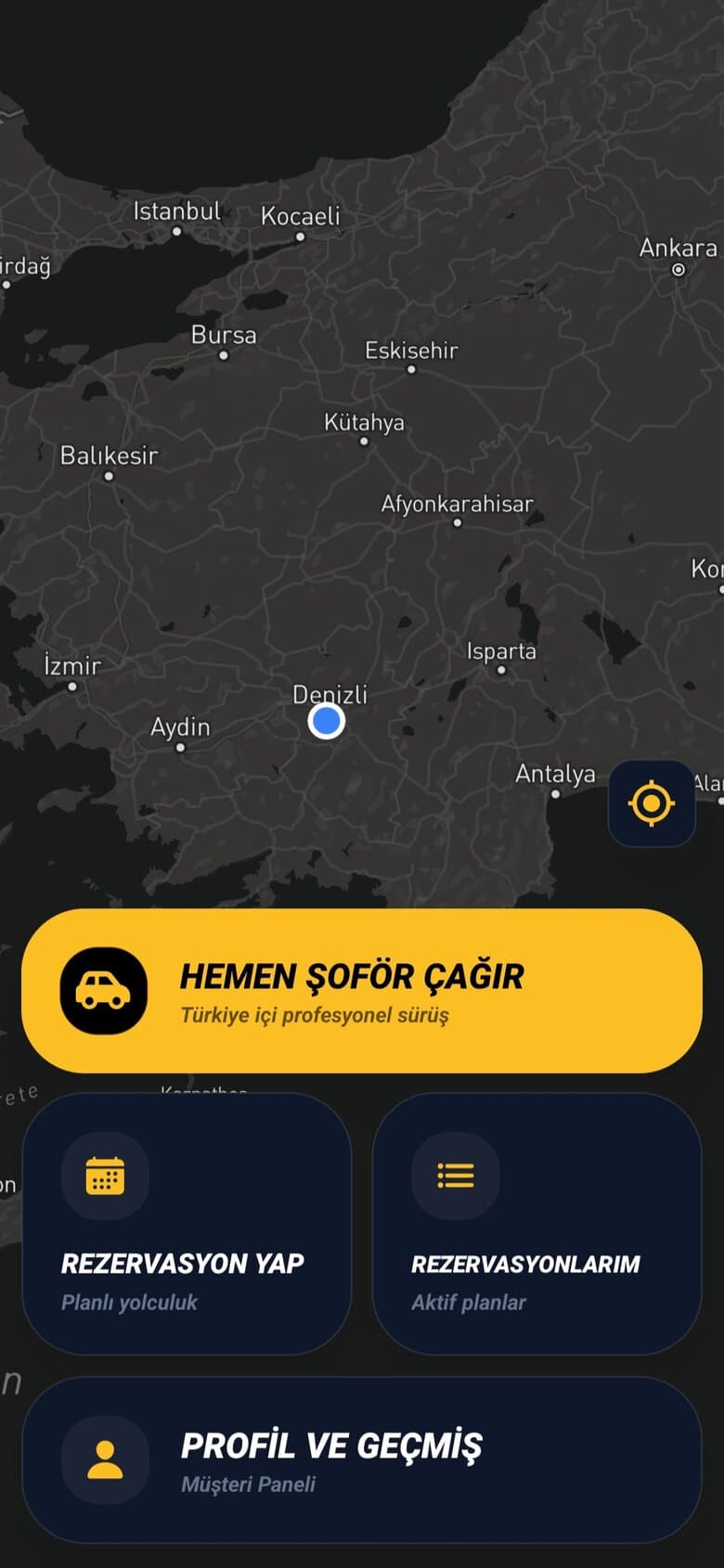 GötürGo'nun ana ekranı: harita ve Hemen Şoför Çağır butonu